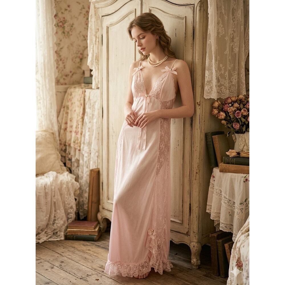 Vintage Pink Satin Lace Maxi Nightgown Rosettes Romantic S